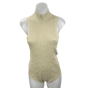 On 34th Cream Beige Sleeveless Turtleneck Ribbed Knit Tank Bodysuit Top Size L